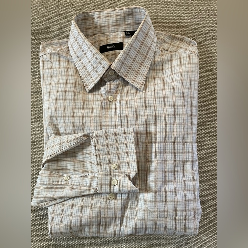 HUGO BOSS Tattersall Check Print Spread Collar Shirt Size 16 1/2